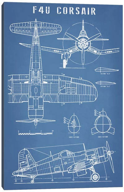 F4U Corsair Vintage Navy Airplane Blueprint Canvas Art Print - Military Aircraft Art