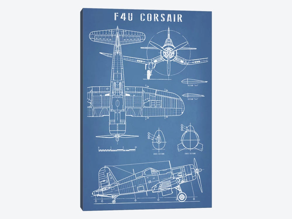F4U Corsair Vintage Navy Airplane Blueprint by Action Blueprints 1-piece Canvas Art Print