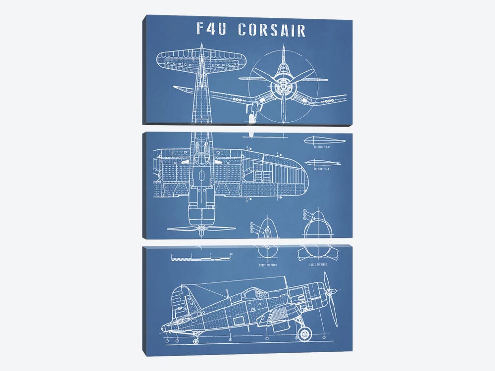 F4U Corsair Vintage Navy Airplane Blueprint by Action Blueprints 3-piece Art Print