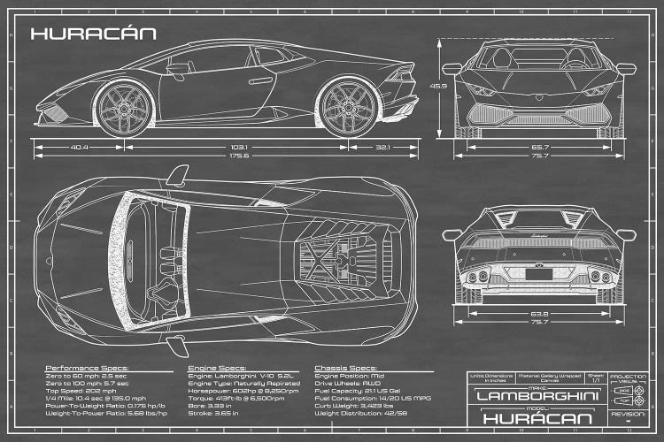 Lamborghini Huracan LP 610-4 | Black - Canvas Art | Action Blueprints