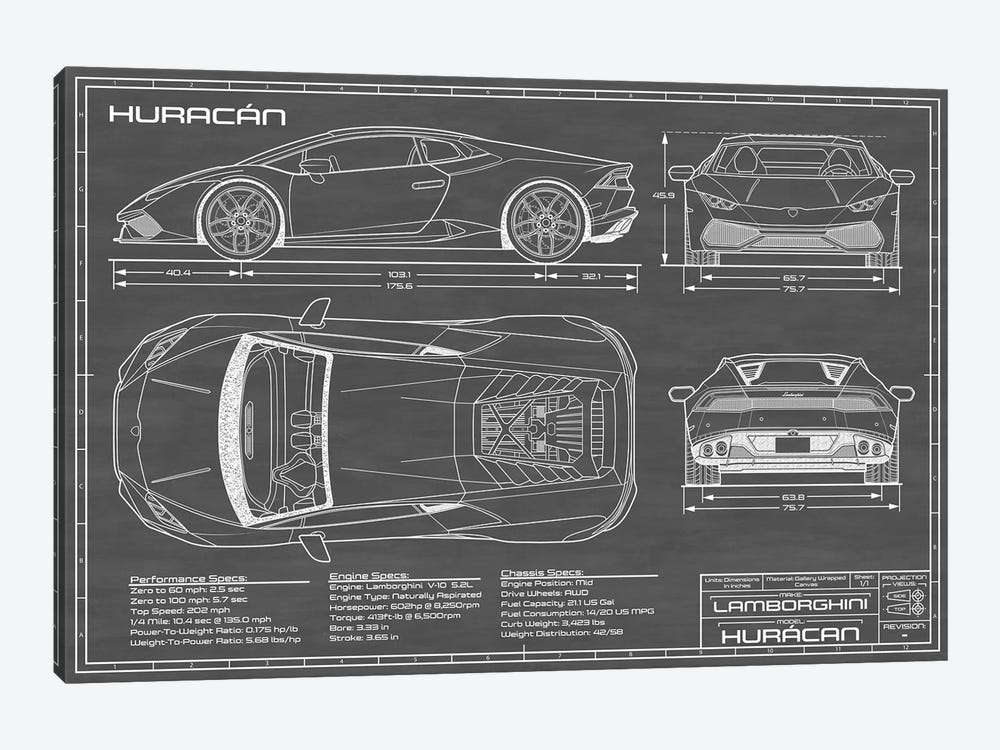 Lamborghini Huracan LP 610-4 | Black by Action Blueprints 1-piece Canvas Wall Art