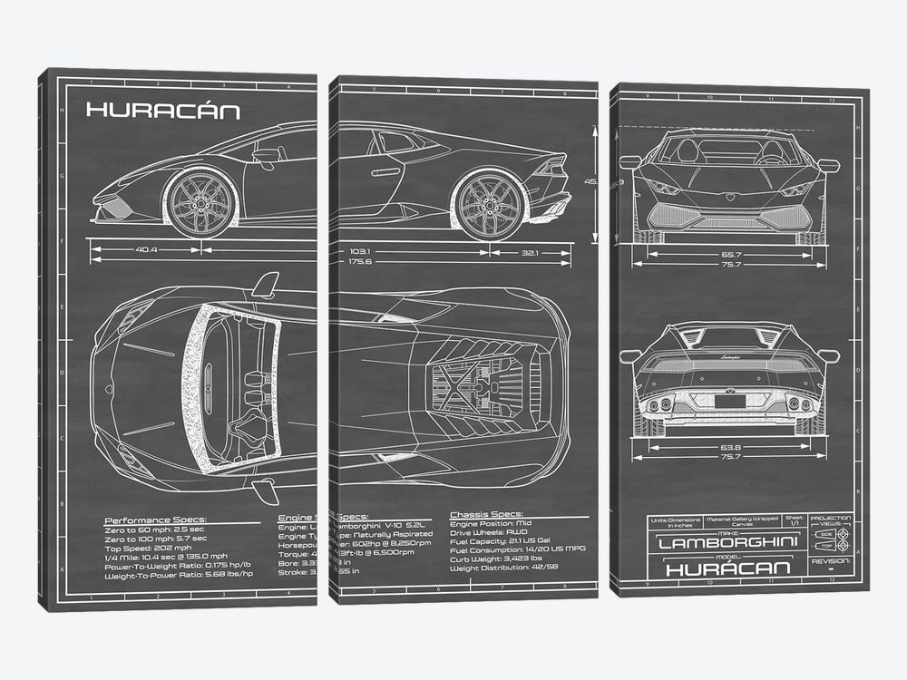 Lamborghini Huracan LP 610-4 | Black by Action Blueprints 3-piece Canvas Art