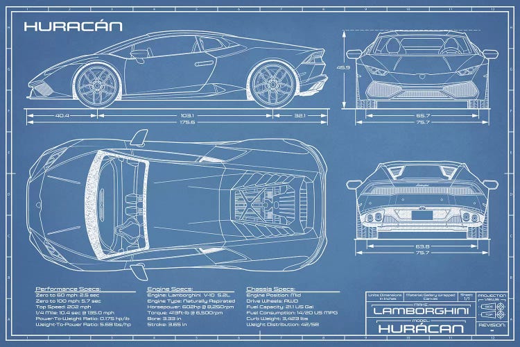 Lamborghini Huracan LP 610-4 Blueprint Can... | Action Blueprints | iCanvas