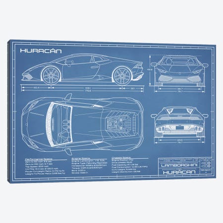Lamborghini Huracan LP 610-4 Blueprint Canvas Print #ABP42} by Action Blueprints Canvas Wall Art