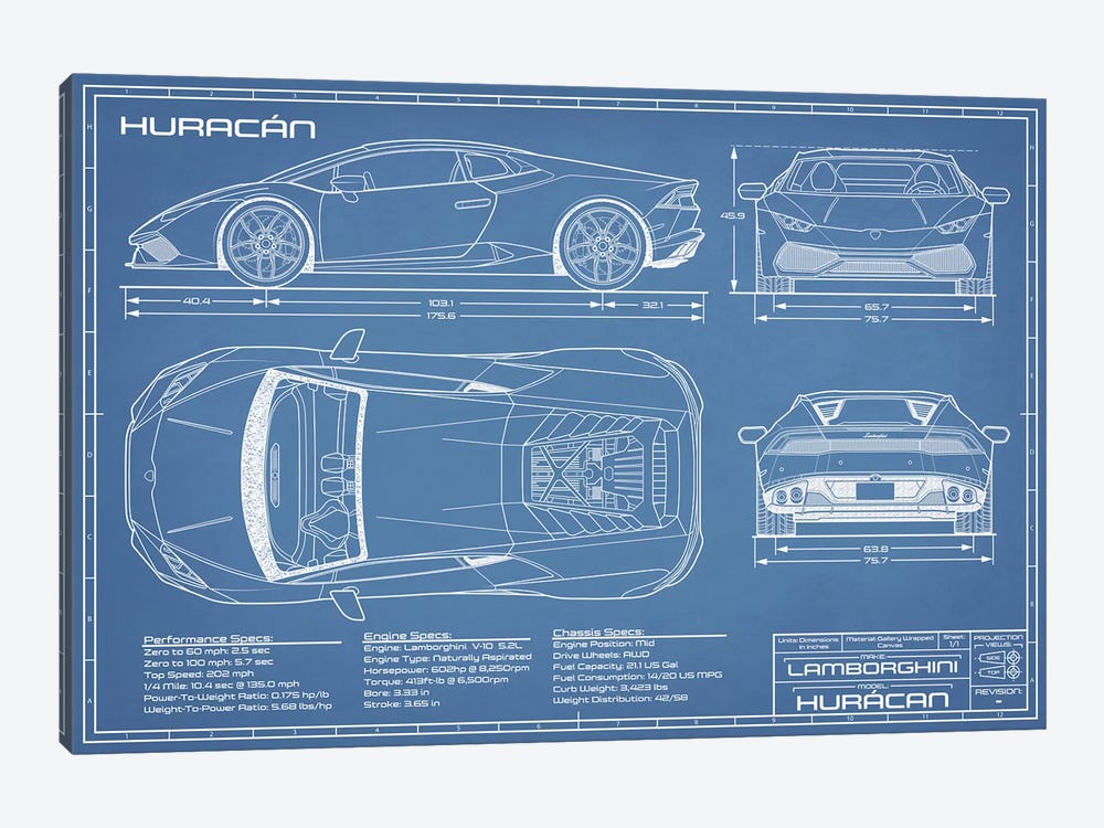 Lamborghini Huracan LP 610-4 Blueprint by Action Blueprints 1-piece Canvas Art Print