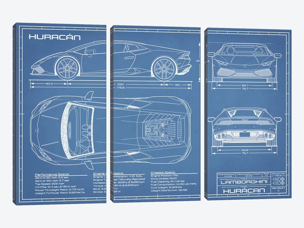Lamborghini Huracan LP 610-4 Blueprint by Action Blueprints 3-piece Canvas Print