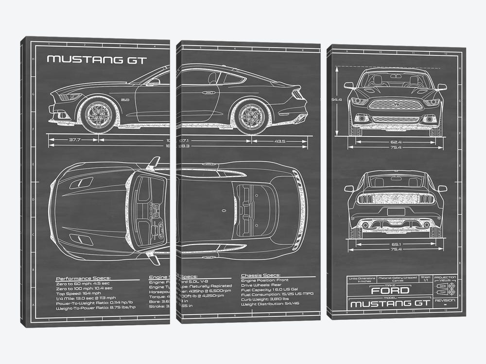 Mustang GT (2015-2017) Black by Action Blueprints 3-piece Canvas Artwork