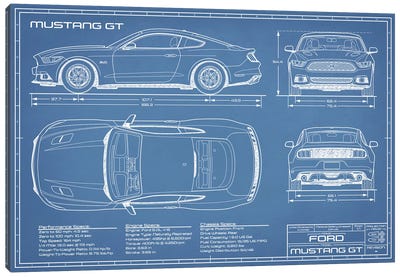 Mustang GT (2015-2017) Blueprint Canvas Art Print - Ford