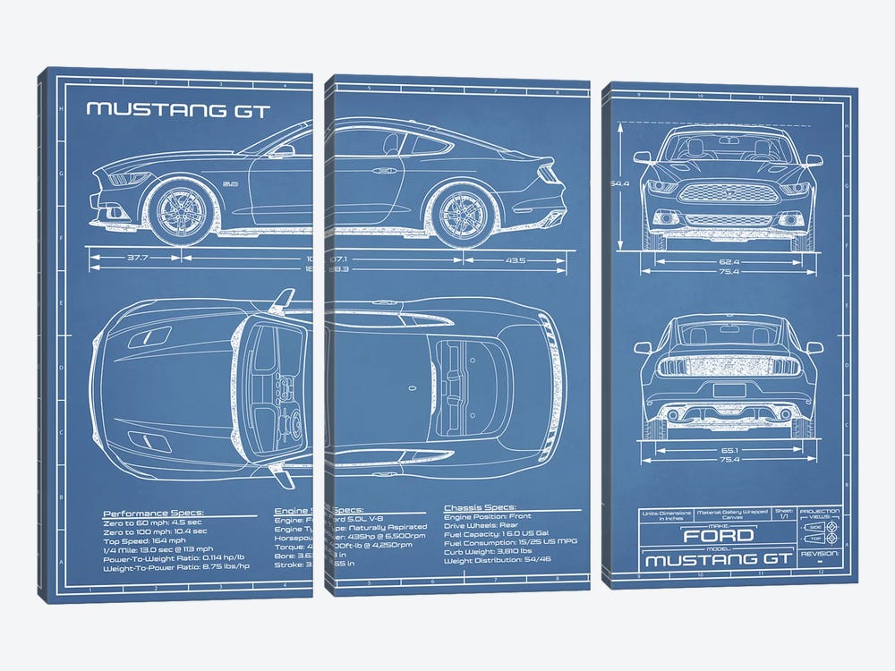 Mustang GT (2015-2017) Blueprint by Action Blueprints 3-piece Canvas Print