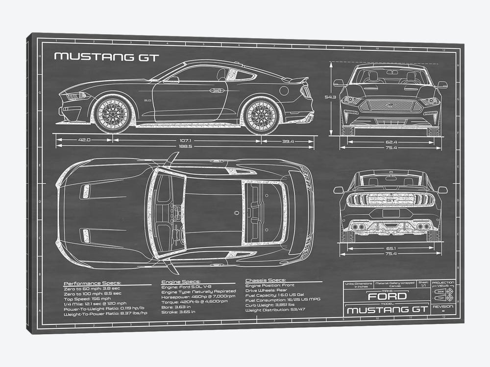Mustang GT (2018-2020) Black by Action Blueprints 1-piece Canvas Artwork