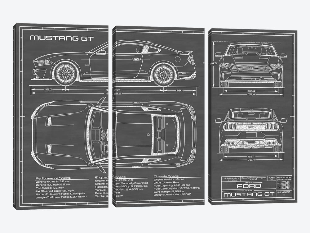 Mustang GT (2018-2020) Black by Action Blueprints 3-piece Canvas Wall Art