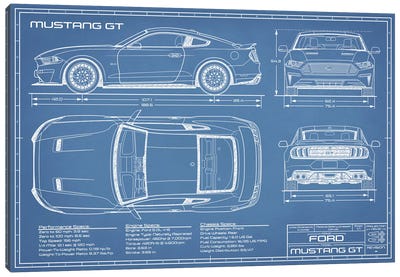 Mustang GT (2018-2020) Blueprint Canvas Art Print - Transportation Art
