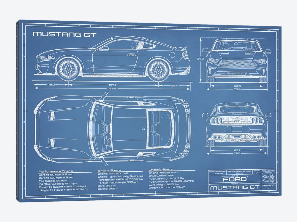 Mustang GT (2018-2020) Blueprint by Action Blueprints 1-piece Art Print