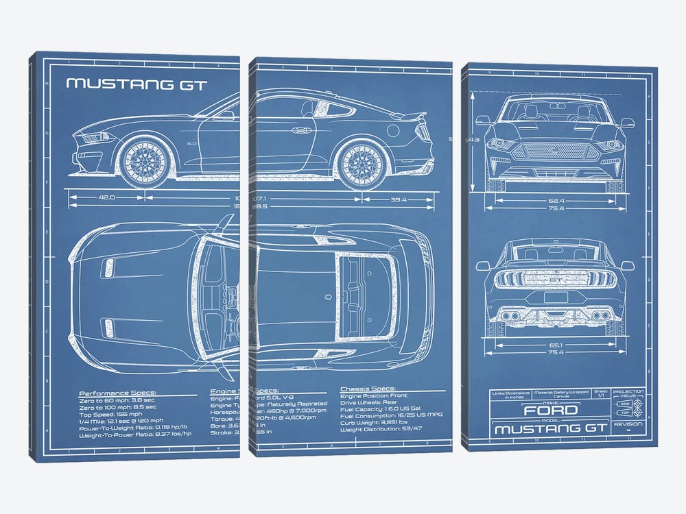 Mustang GT (2018-2020) Blueprint by Action Blueprints 3-piece Art Print
