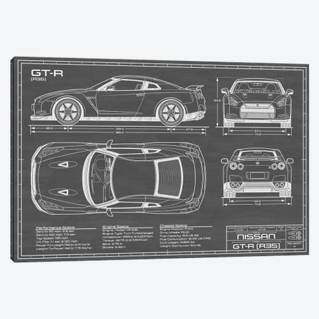 Nissan GT-R (R35) Skyline | Black Canvas Print #ABP47} by Action Blueprints Canvas Art Print