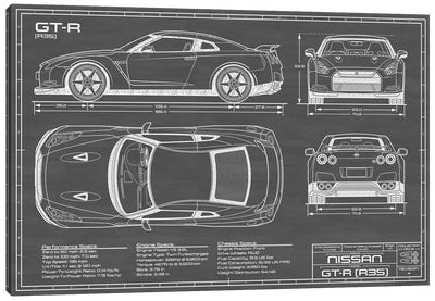 Nissan GT-R (R35) Skyline | Black Canvas Art Print - Automobile Blueprints