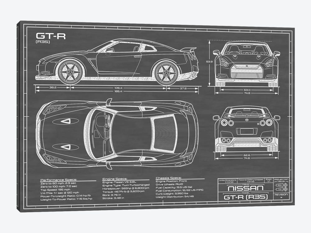 Nissan GT-R (R35) Skyline | Black by Action Blueprints 1-piece Canvas Wall Art