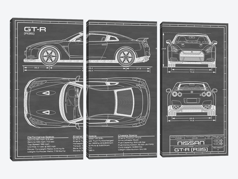 Nissan GT-R (R35) Skyline | Black by Action Blueprints 3-piece Canvas Artwork