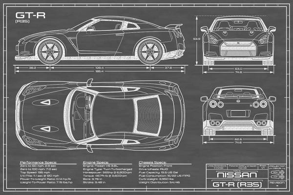 Blueprints & Patent Sketches: Nissan GT-R (R35) Skyline | Black by Action Blueprints