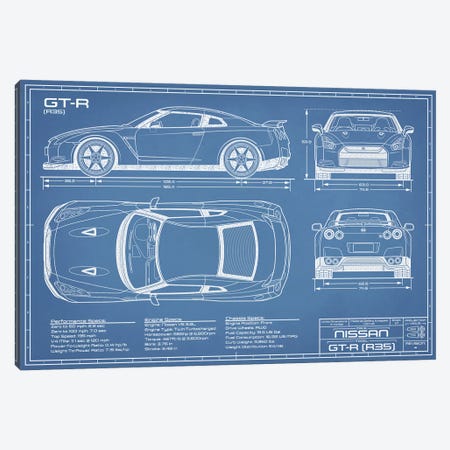 Nissan GT-R (R35) Skyline Blueprint Canvas Print #ABP48} by Action Blueprints Canvas Art