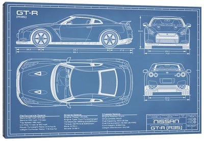 Nissan GT-R (R35) Skyline Blueprint Canvas Art Print - Automobile Blueprints