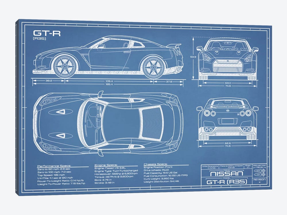 Nissan GT-R (R35) Skyline Blueprint by Action Blueprints 1-piece Canvas Print