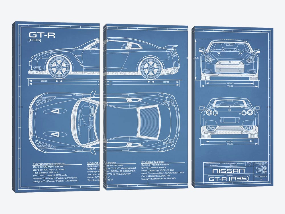 Nissan GT-R (R35) Skyline Blueprint by Action Blueprints 3-piece Canvas Art Print