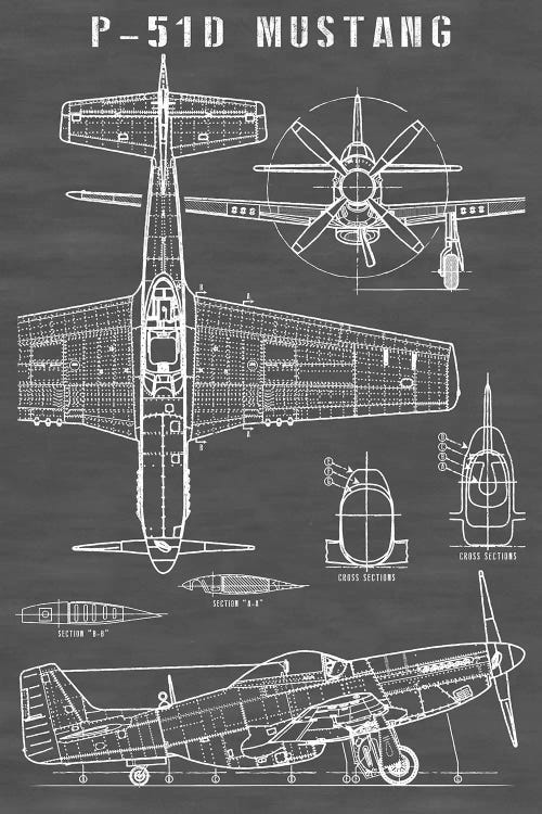 P-51 Mustang Vintage Airplane | Black by Action Blueprints wall art