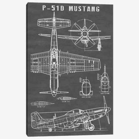 P-51 Mustang Vintage Airplane | Black Canvas Print #ABP49} by Action Blueprints Canvas Art
