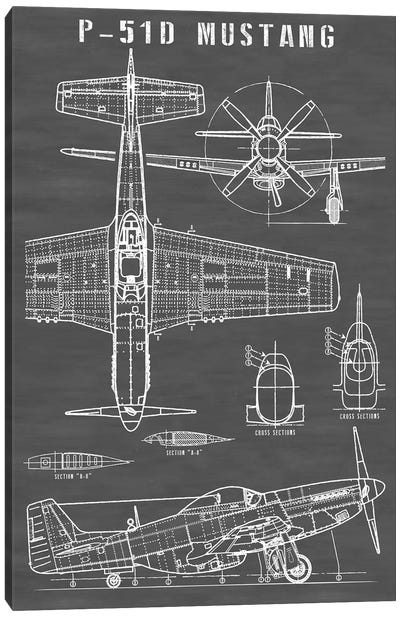 P-51 Mustang Vintage Airplane | Black Canvas Art Print - Blueprints & Patent Sketches