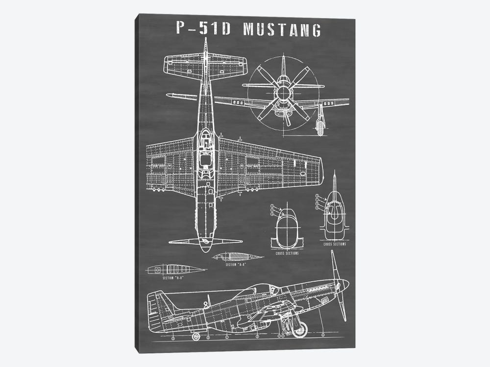 P-51 Mustang Vintage Airplane | Black by Action Blueprints 1-piece Canvas Artwork