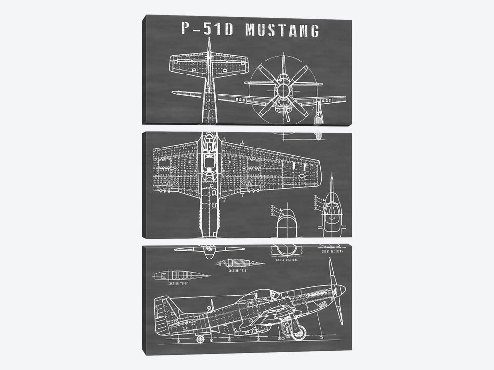 P-51 Mustang Vintage Airplane | Black by Action Blueprints 3-piece Canvas Artwork