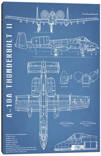 A-10 Thunderbolt II [Warthog] Airplane | Black - Portrait Canvas Art Print - Blueprints & Patent Sketches