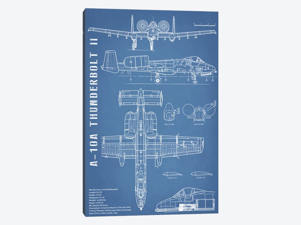 A-10 Thunderbolt II [Warthog] Airplane | Black - Portrait by Action Blueprints 1-piece Canvas Wall Art