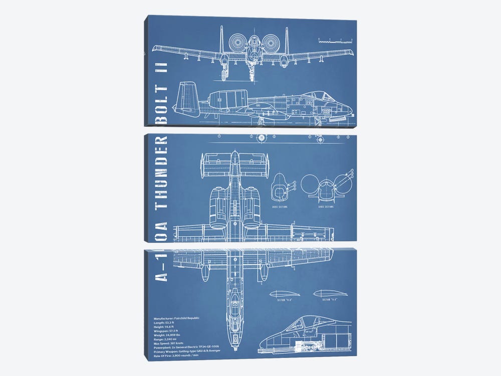 A-10 Thunderbolt II [Warthog] Airplane | Black - Portrait by Action Blueprints 3-piece Canvas Wall Art