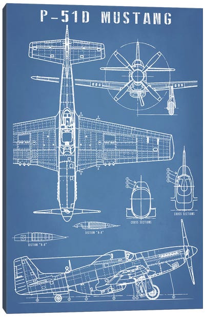 P-51 Mustang Vintage Airplane Blueprint Canvas Art Print - Man Cave Decor