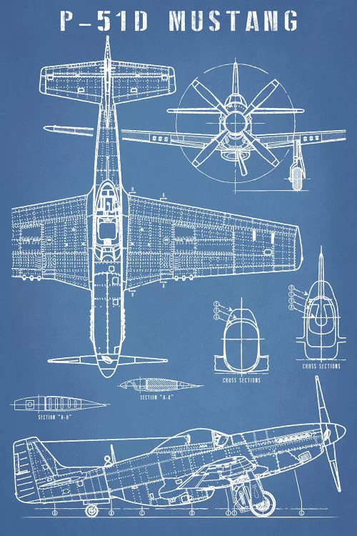 P-51 Mustang Vintage Airplane Blueprint by Action Blueprints wall art