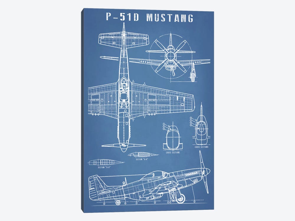P-51 Mustang Vintage Airplane Blueprint by Action Blueprints 1-piece Canvas Wall Art