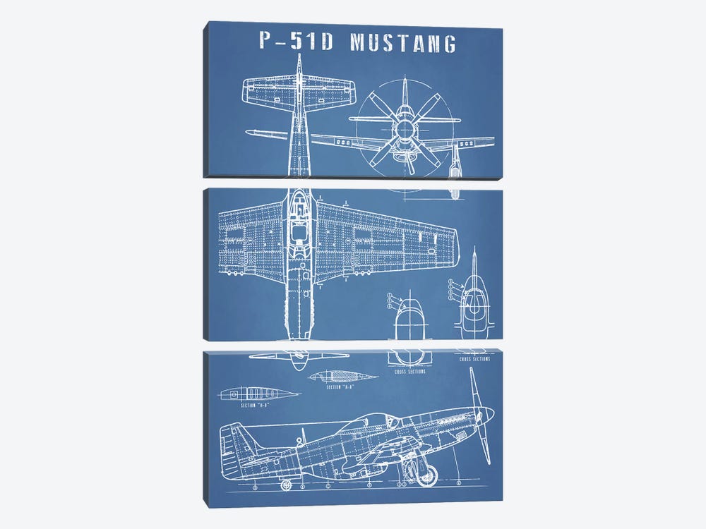 P-51 Mustang Vintage Airplane Blueprint by Action Blueprints 3-piece Canvas Wall Art
