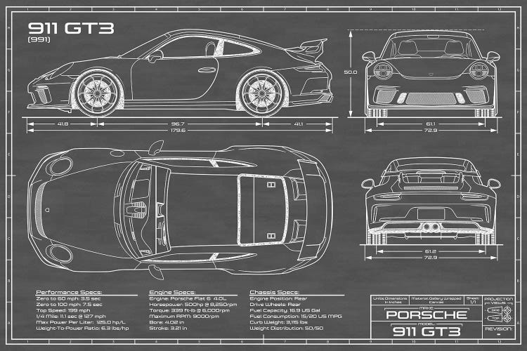 Porsche 911 GT3 (991) | Black Canvas Art | Action Blueprints | iCanvas