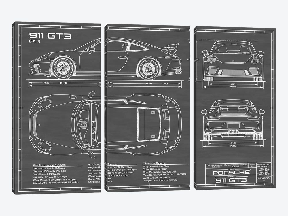 Porsche 911 GT3 (991) | Black by Action Blueprints 3-piece Art Print