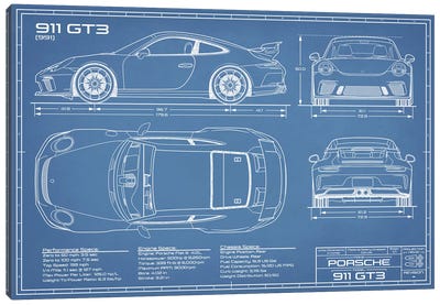 Porsche 911 GT3 (991) Blueprint Canvas Art Print - Automobile Blueprints