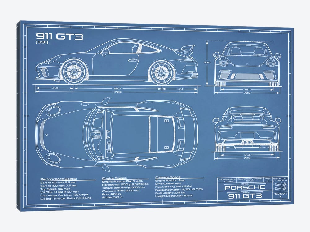 Porsche 911 GT3 (991) Blueprint by Action Blueprints 1-piece Canvas Artwork