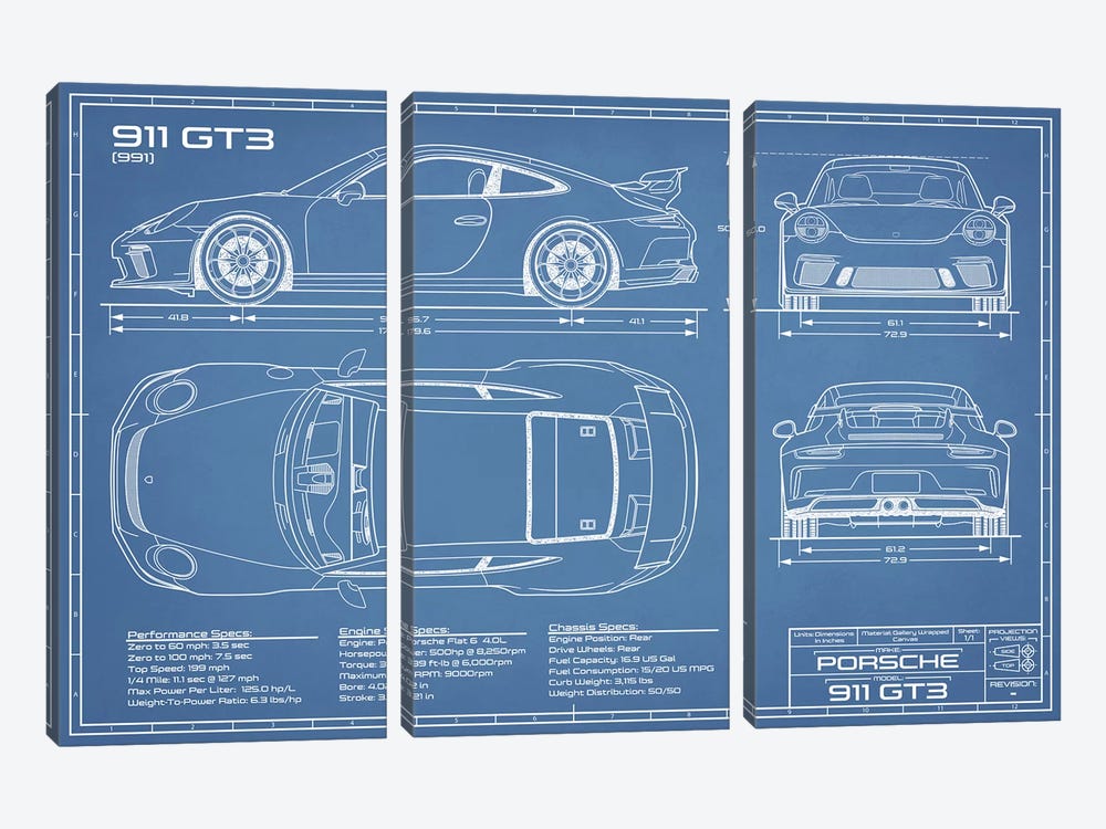 Porsche 911 GT3 (991) Blueprint by Action Blueprints 3-piece Canvas Artwork