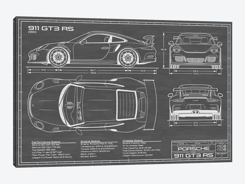 Porsche 911 GT3 RS (991) | Black Canvas Ar... | Action Blueprints | iCanvas