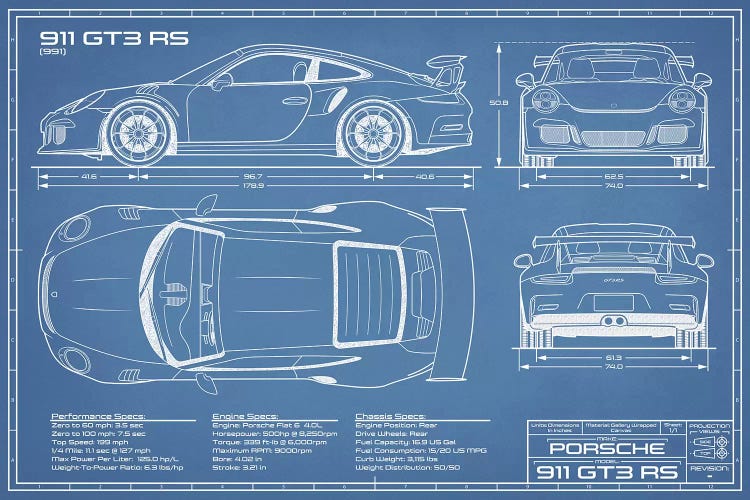 Porsche 911 GT3 RS (991) Blueprint Canvas | Action Blueprints | iCanvas