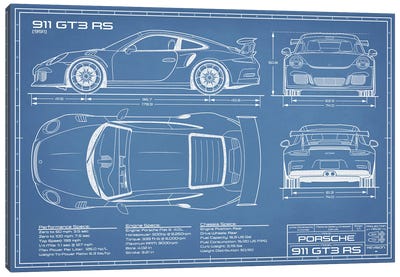 Porsche 911 GT3 RS (991) Blueprint Canvas Art Print - Automobile Art