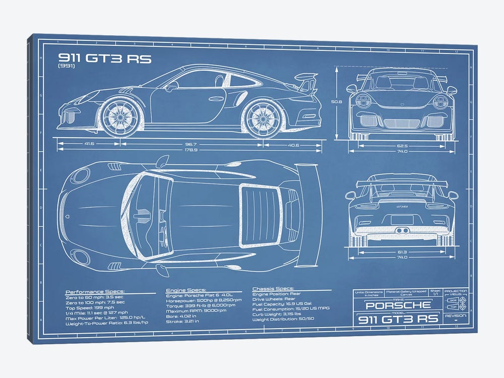 Porsche 911 GT3 RS (991) Blueprint by Action Blueprints 1-piece Canvas Artwork