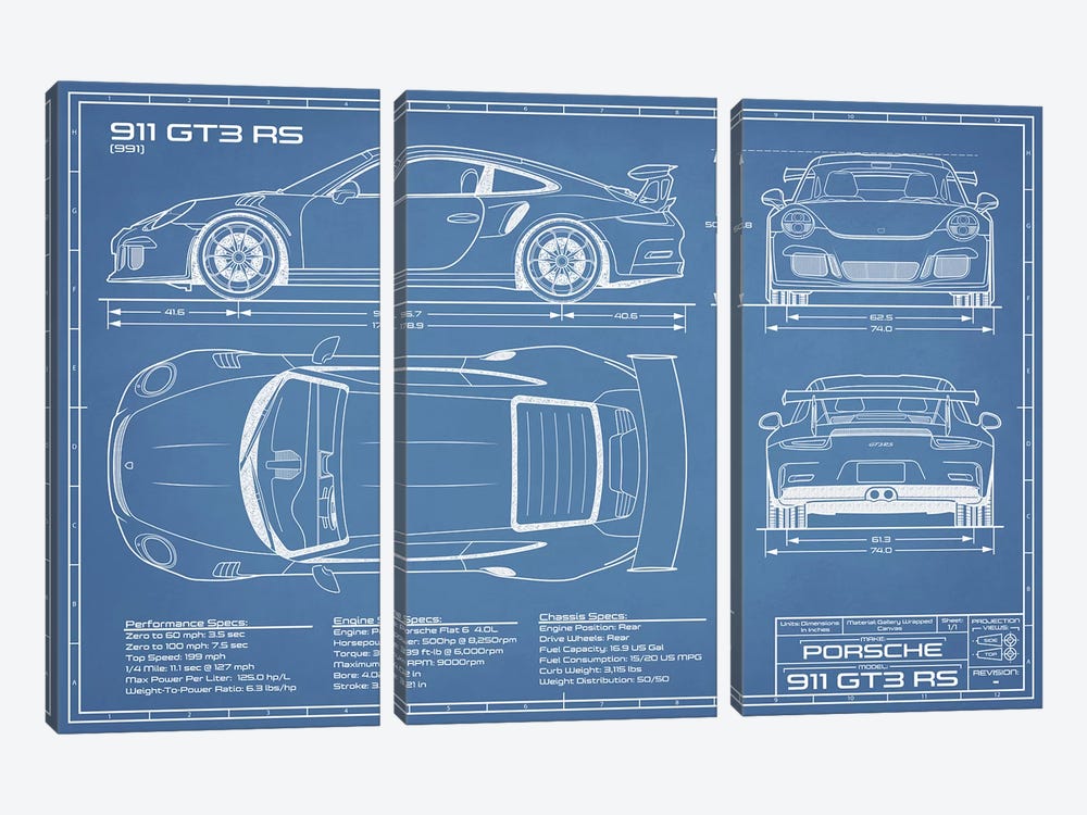 Porsche 911 GT3 RS (991) Blueprint by Action Blueprints 3-piece Canvas Wall Art