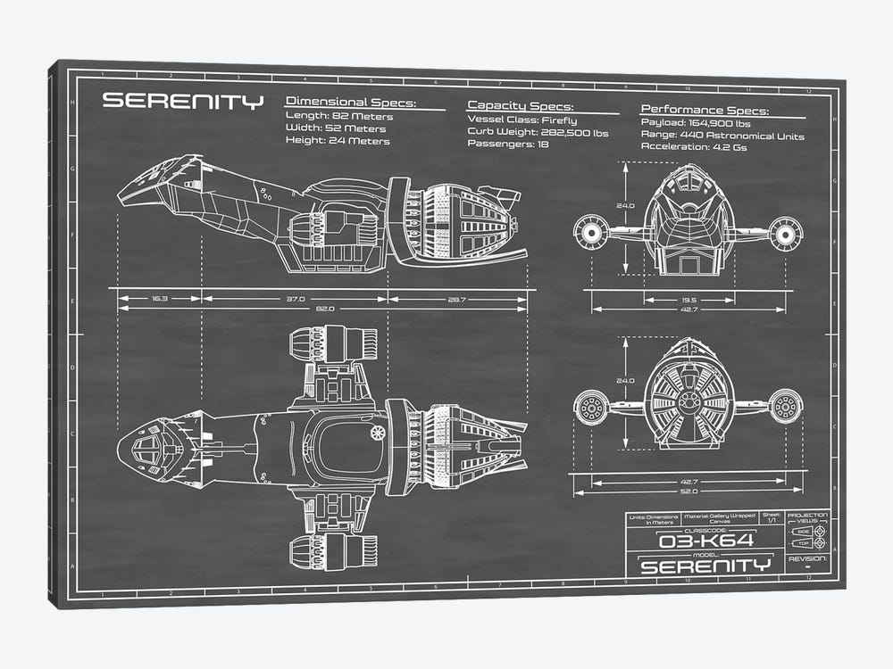 Serenity Firefly Spaceship | Black by Action Blueprints 1-piece Canvas Print
